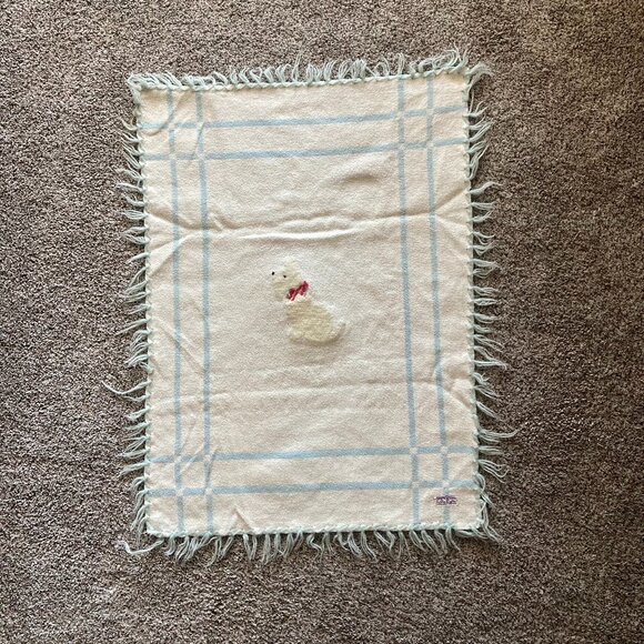 Vintage 1940's-1950's Baby Pepperell Blue Baby Crib Blanket with Dog - Picture 3 of 5